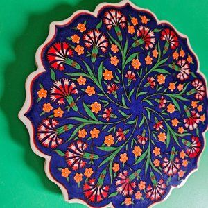 Turkish trivet hot pad ceramic royal blue floral 7 inches diameter